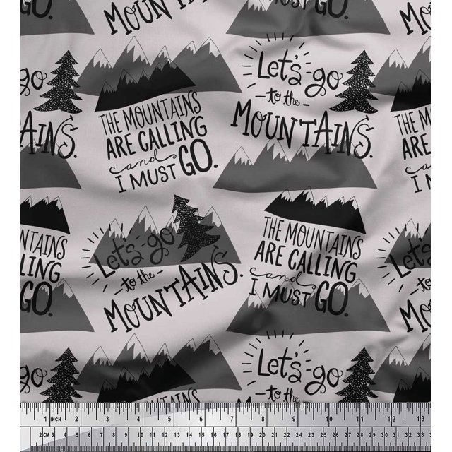 Soimoi Gray Poly Georgette Fabric Mountains & Text Print Fabric by the Yard 52 Inch Wide