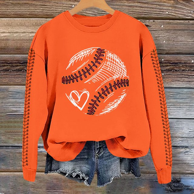 IMENGL Spring baseball print crew neck hooded sweatshirt long, Orange 2XL, Size M-2XL