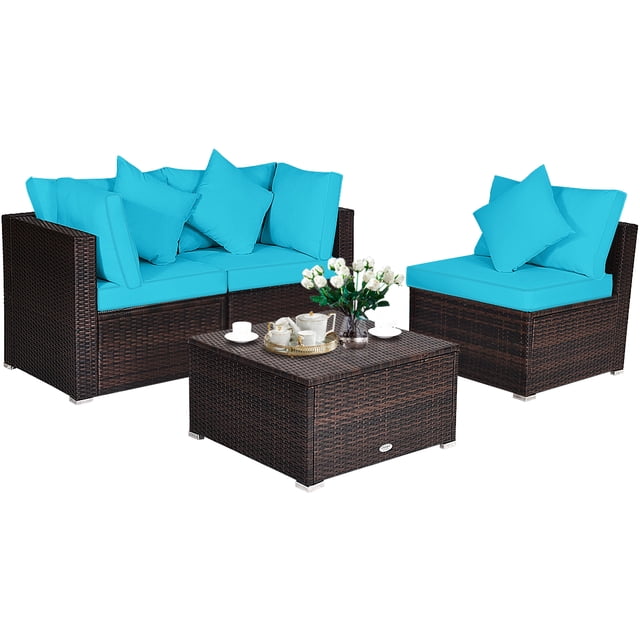 Patiojoy 4-Piece Outdoor Rattan Sofa Set Sectional Conversation Couch Ottoman Turquoise