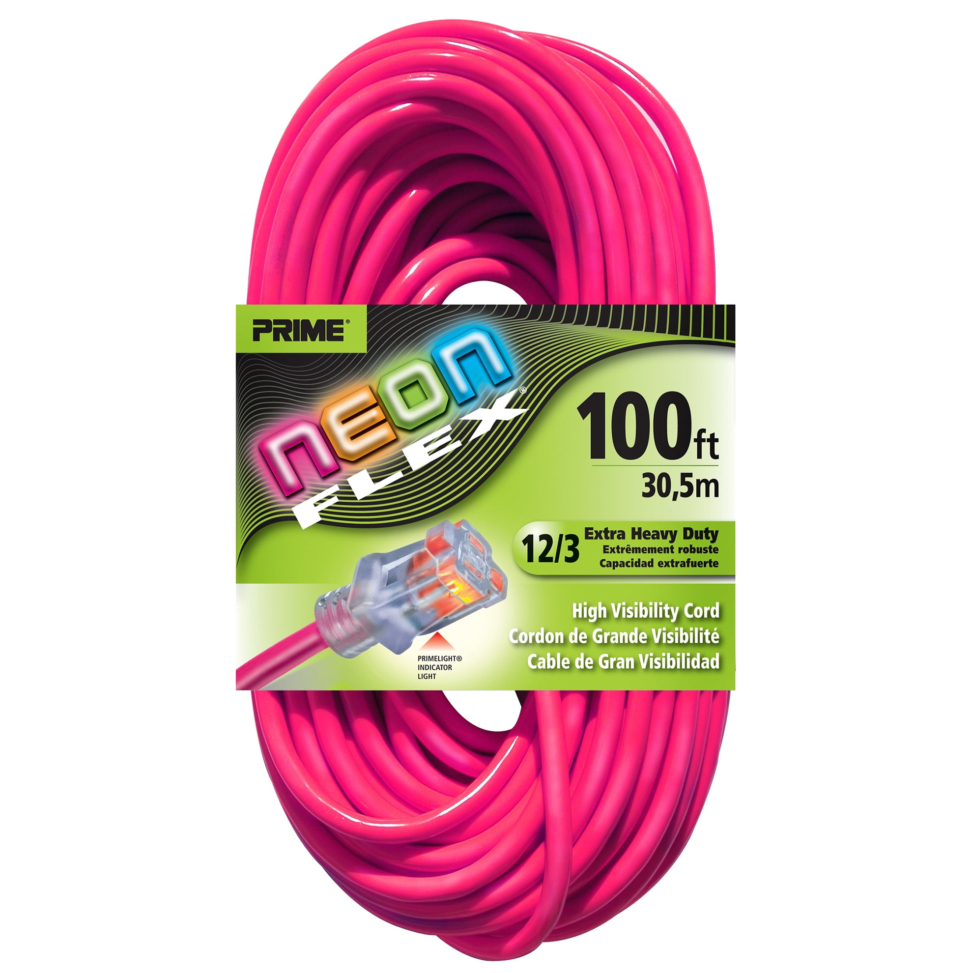 Prime NS513835 100-Foot 12/3 SJTW Flex High Visibility Extra Heavy Duty Outdoor Extension Cord with Primelight Indicator Light, Neon Pink