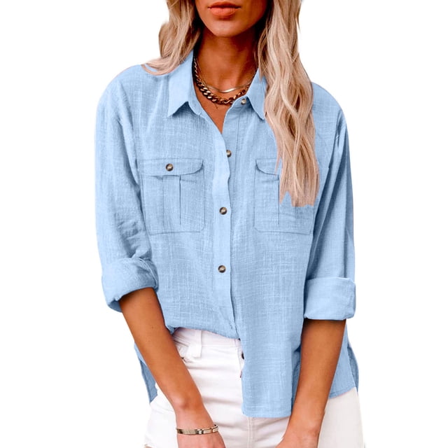 Womens Long Sleeve Casual Button Shirts Summer Fashion Blouses Tops with Pockets