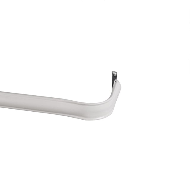 Eclipse Fast Fit Easy Install Complete Blackout Superior Hold Premium Curtain Rod in white, close-up of the curved metal rod end with universal mounting bracket, designed for easy installation on window coverings and curtain hardware.