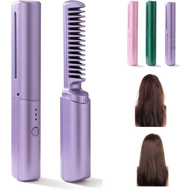 Latest Hairdressing Comb,Ceramic Hair Dressing Comb,Mini Dual Purpose Curling Iron Smooth Straight,Rechargeable Portable Hair Straightener Brush (Purple)