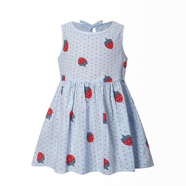 2DXuixsh Robes Petite Fille Extensibles Ligne A Évasées Robe de Fête Été Robe Mignonne Enfants Coton Robe Fraise Vêtements Fille Été Bleu Taille 100