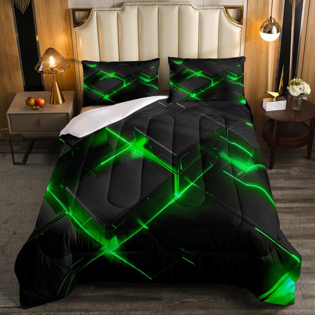 YST Geometry Comforter Set Queen Size,3D Modern Abstract Square Grid Bedding for Children Adult,Green Neon Light Geometric Stereoscopic Soft Bed Comforter Room Decor, 2 Pillowcases