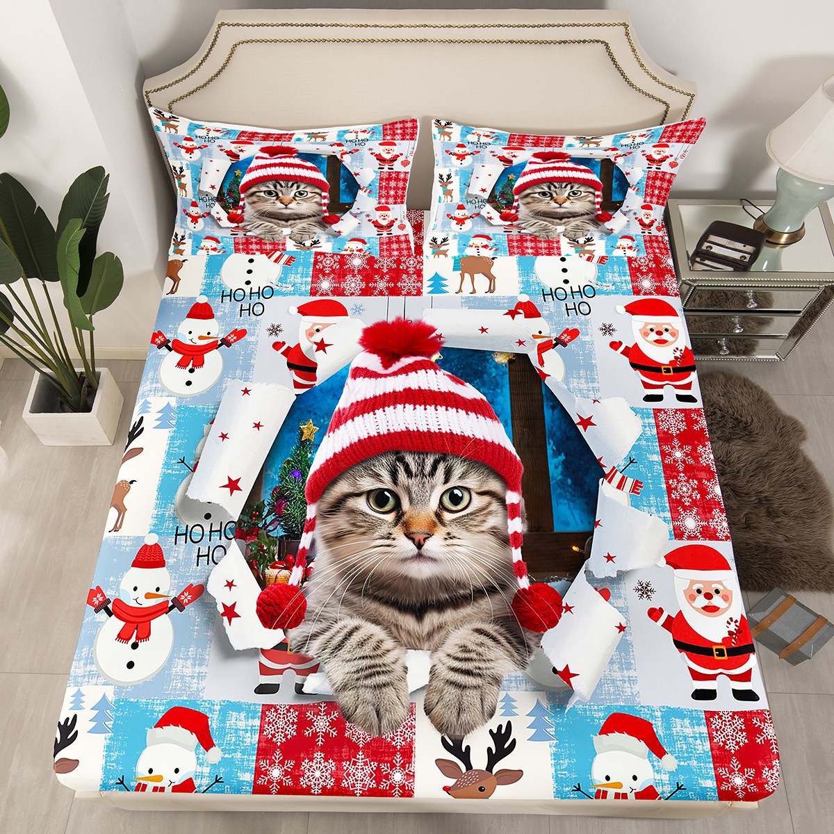 Drap-housse de Noël Chat pour Garçons Filles Enfants, Ensemble de Lit ...