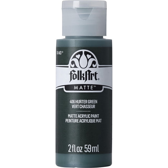 Folkart Matte Acrylic Craft Paint 2 fl. oz. bottle in hunter green with a matte finish, featuring a ribbed translucent flip-top cap and labeled with product details in white text on a dark green background, suitable for artist-quality craft projects on wood, canvas, and paper.