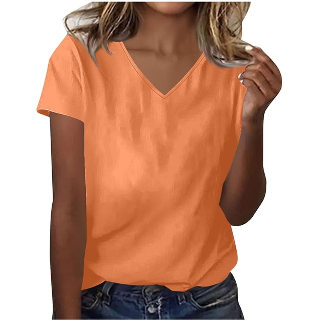 Besolor Summer Short Sleeve Shirts for Women Casual V Neck Solid Color Basic Tees Ladies Going out Tops