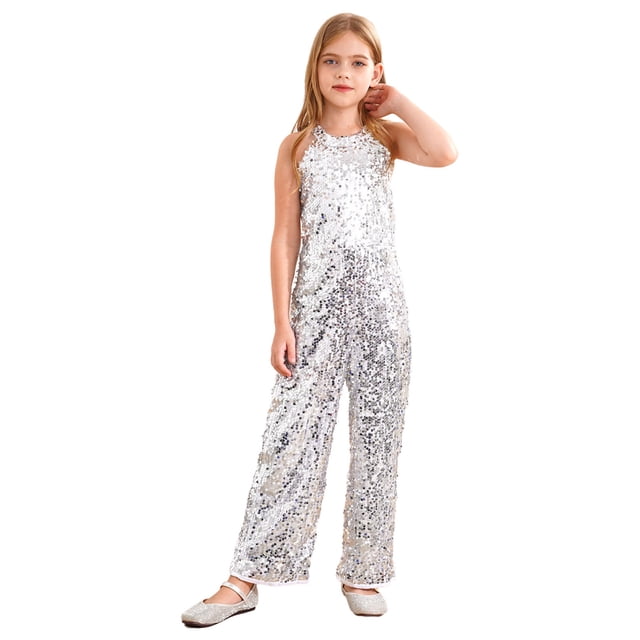 Xnihocha Combinaison à Sequins Brillants pour Filles, Col Halter, Concours, Costume Formel, Danse, Fête, Bal, Argent 10