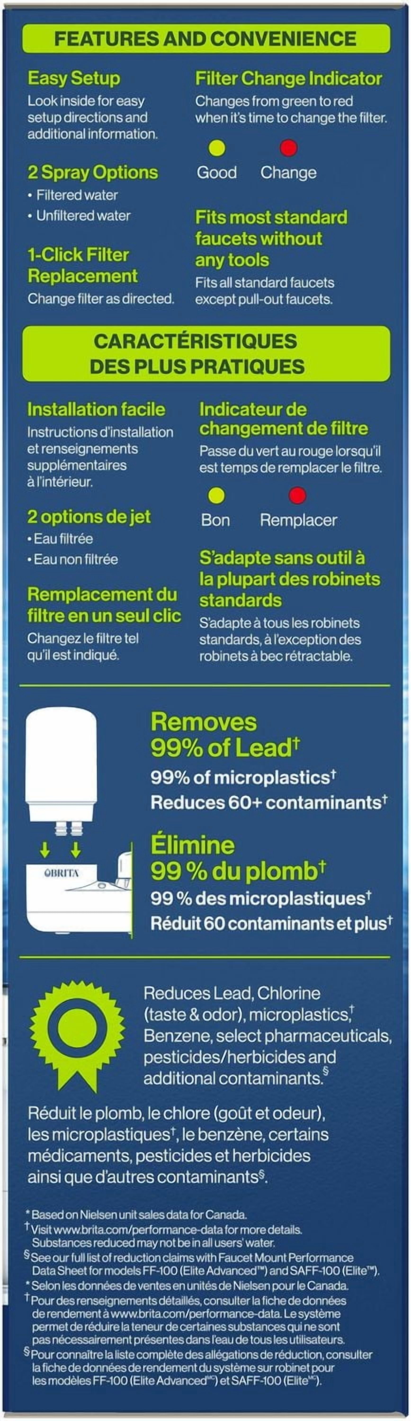 Système de filtration d’eau sur robinet Brita avec indicateur de changement de filtre, réduit la teneur en plomb, fabriqué sans BPA, compatible avec les robinets standards seulement, modèle de base bl