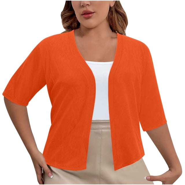 Mrat Cardigans pour Femmes Légers Cardigan Classique pour Femmes à Manches 3/4 Ouvert à l'Avant Court Chandail Cardigan Léger en Tricot Boléros Courts Grande Taille Cardigans S-6 Orange