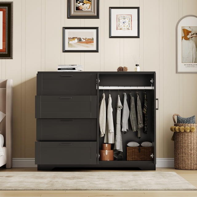 Commode Garde-Robe Moderne en Bois – 4 Tiroirs, Doubles Portes, Tringle, Armoire de Rangement – Organisateur de Garde-Robe de Chambre Robuste avec Poignées en Métal, Anti-Basculement – Grain de Bois Noir