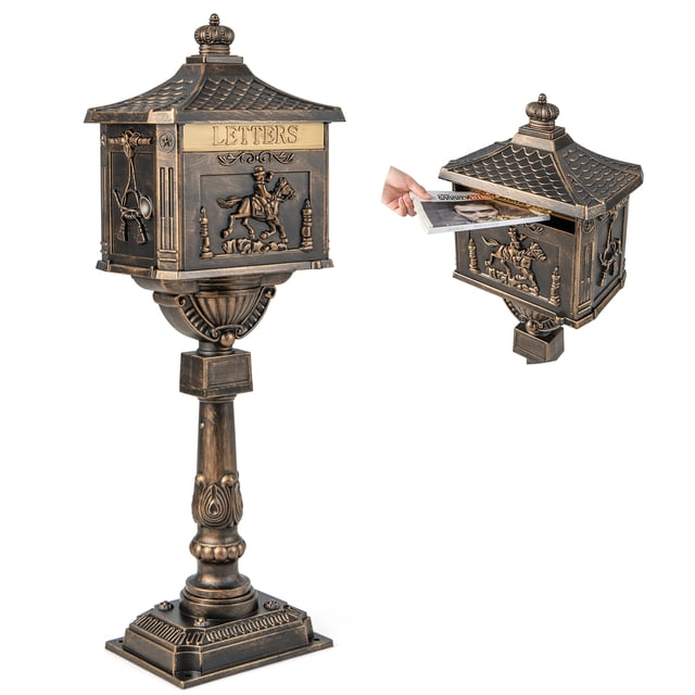 Costway Retro Cast Aluminum Mailbox Lockable Security Postal Letter Box with Baffle Door, featuring a bronze finish and intricate relief patterns. The mailbox has a scale-like roof, decorative columns, and a lockable door with two keys for secure mail storage. Measuring 14 inches by 11.5 inches by 46 inches, it offers a large capacity for letters, magazines, and newspapers. Designed for outdoor use, it is weatherproof, rustproof, and easy to install with pre-drilled holes and expansion bolts. Suitable for homes, banks, or offices.