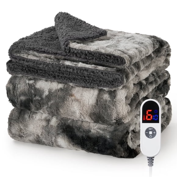 MARNUR Heated Blanket Full Size, 72"x84" Electric Blanket Full with Faux Fur & Sherpa, Heating Blanket with 6 Heat Levels, 10H Timer, LED Display, Machine Washable, Tie-Dye Gray