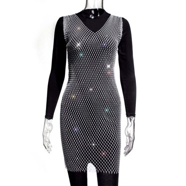 FhsagQ Cache-Maillot pour Femmes Porte-Jarretelles Ouvert à l'Entrejambe Élégant Sans Manches Robe à Col en V Superposition Transparente en Maille à Strass Scintillants pour Fêtes Cache-Maillot de Plage Cache-Maillot pour Femmes Grande Taille Blanc Blanc P