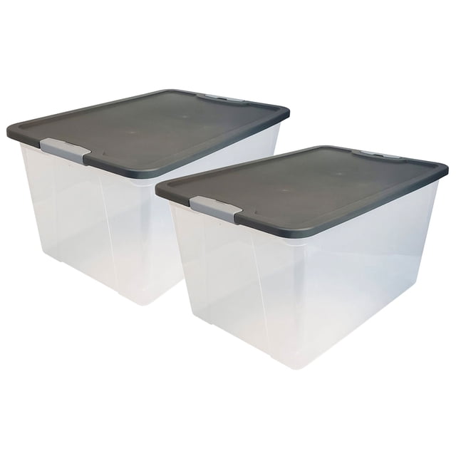 HOMZ Bac de Rangement Empilable en Plastique Transparent de 64 Pintes avec Couvercle, Lot de 2, Gris