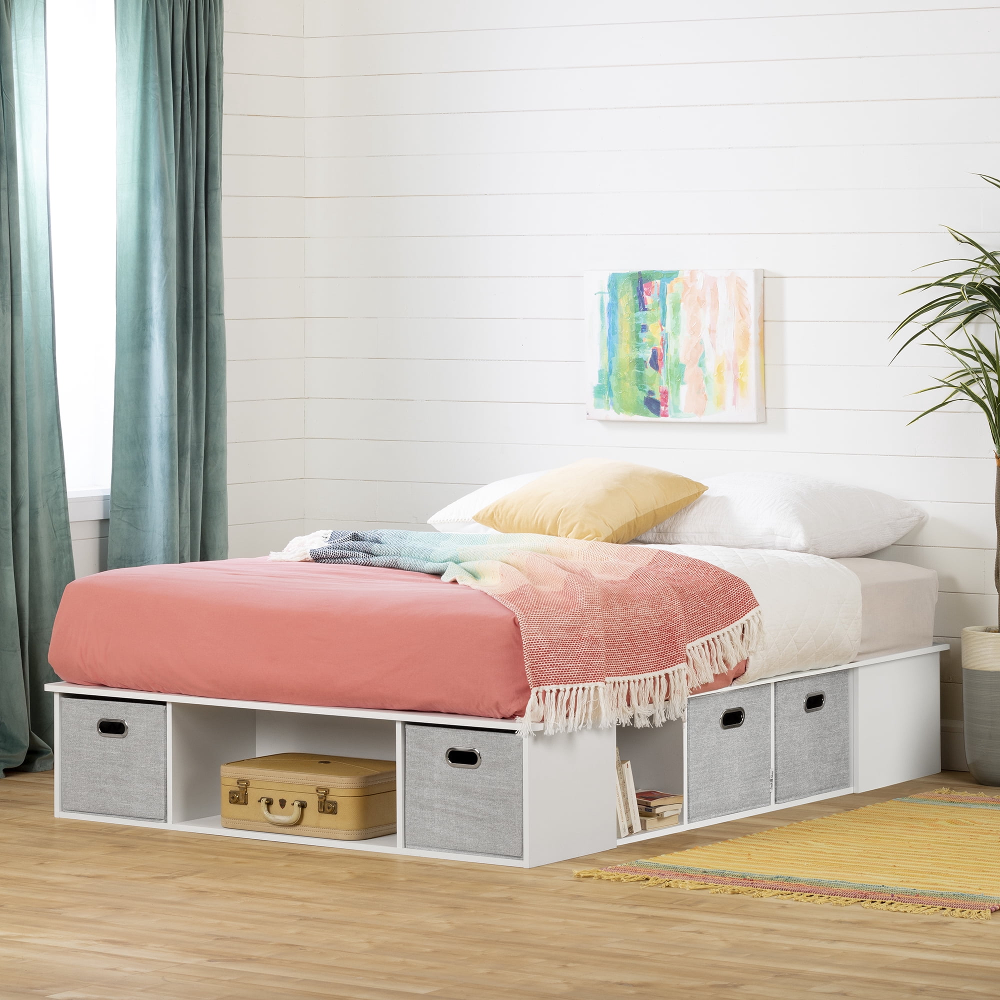 South Shore Flexible Full Storage Platform Bed with Baskets, in Pure White