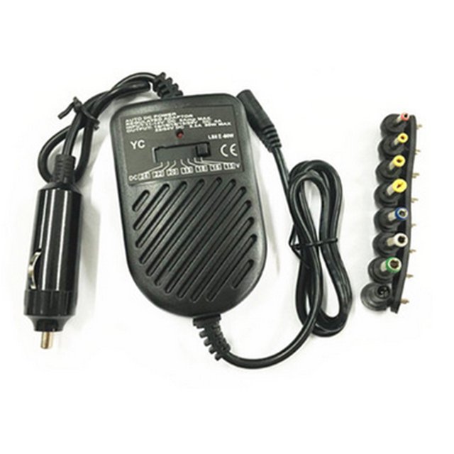 maskred Universal Car Auto Charger Power Supply Adapter 80W DC Plug for Laptop Notebook. Black adapter with a compact design, featuring a status light and adjustable output voltage. Includes 8 interchangeable tips for DC outputs ranging from 15V to 24V, suitable for 12V car use. Comes with a car cigarette lighter plug and a set of color-coded tips for compatibility with various devices.