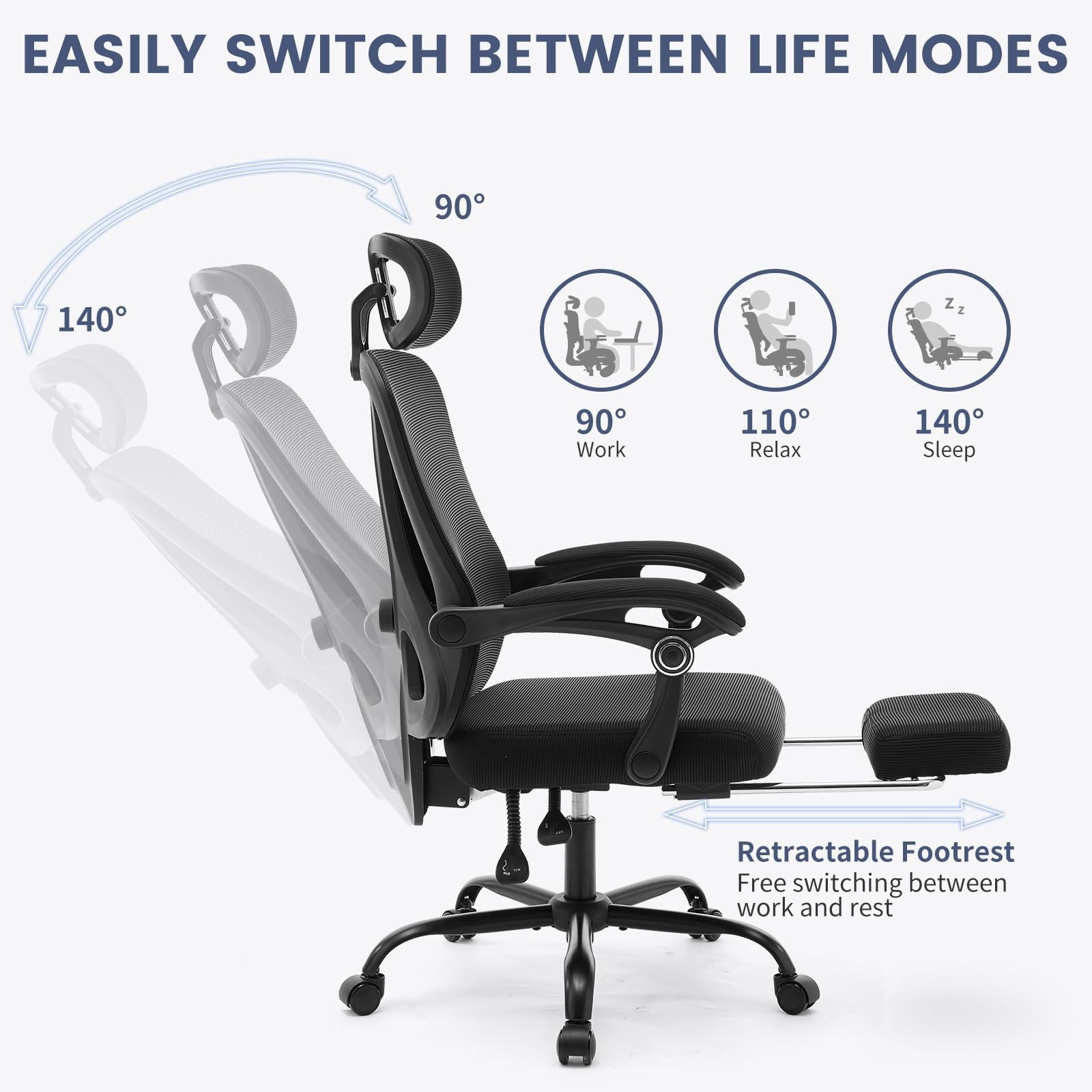 Kojooin Home Office Desk Chair，High-Back Mesh Swivel Chair with Footrest，Adjustable Lumbar Support Headrest, Computer Rolling Task Chairs for Home, Gaming Room