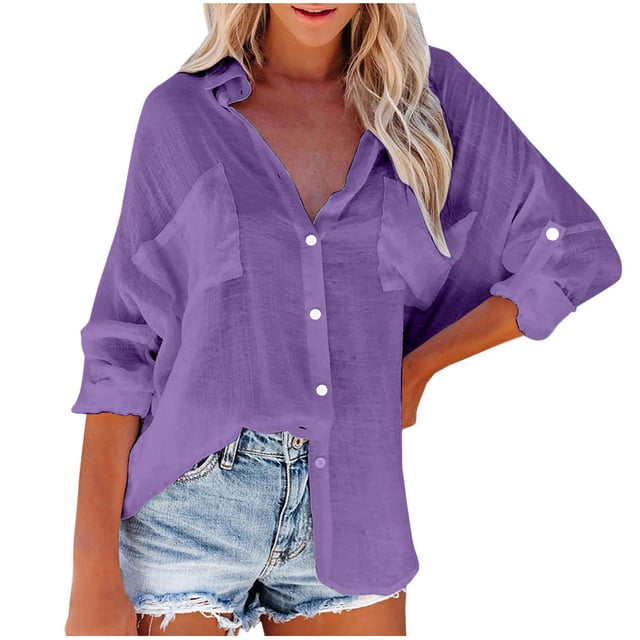 Timegard Womens Shirts Button down Tops Long Sleeve Lapel V Neck Blouse Fall Lightweight Shirts Tops
