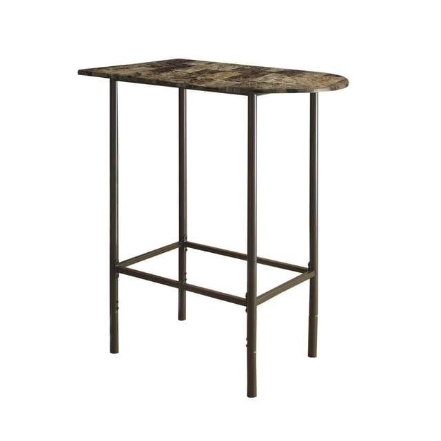 Monarch Specialties Home Bar, Bar Table, Bar Height, Pub, 36" Rectangular, Small, Kitchen, Metal, Laminate, Brown Marble Look, Contemporary, Modern bar height table with a rectangular cappuccino marble-look laminate top and four dark coffee metal tube legs connected by horizontal supports, suitable for small kitchens or apartments.