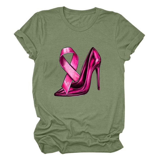 JIRNDf T-Shirt pour Femmes Hauts Tendance Mode Été Décontracté Manches Courtes Col Rond Impression Cancer du Sein T-Shirts Graphiques Mignons pour Femmes Chemises Vert m