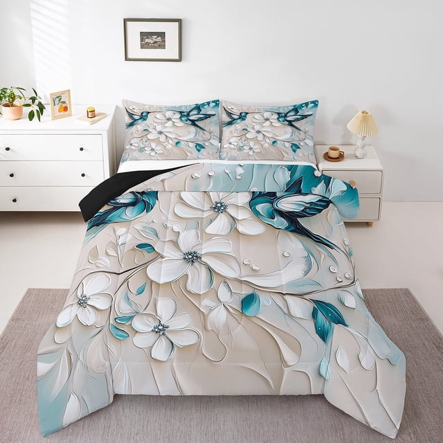 Erosebridal Wild Hummingbird Bedding Twin Comforter Set,White Flower Down Comforter,Oil Painting Room Decorative,2pcs