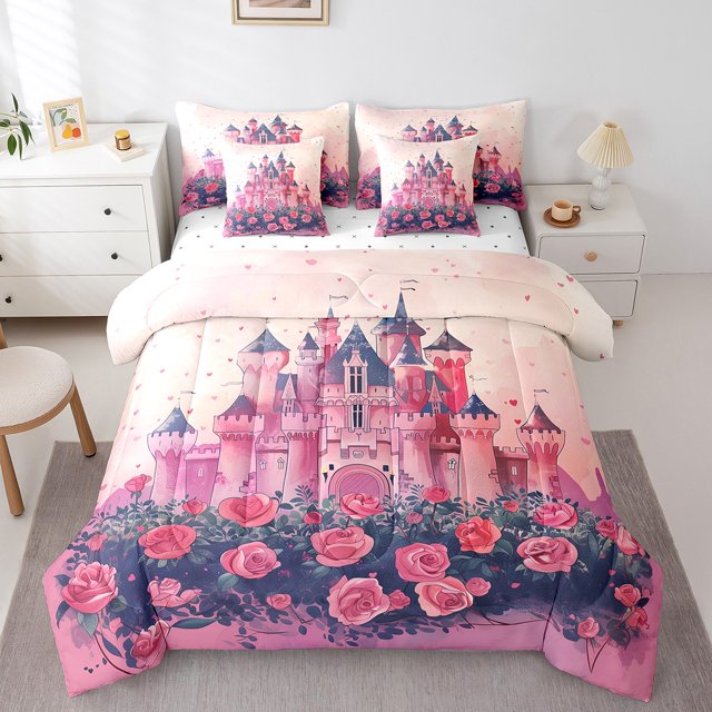 YST Fairy Tales 7-Piece Comforter Set, King, Dreamy Castle, Cute Princess, Colorful Butterflies, Rainbow Pattern
