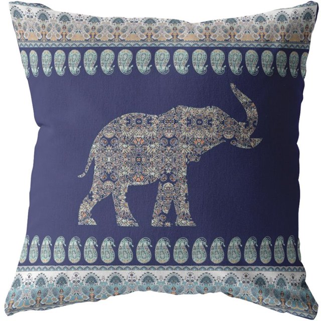 Coussin en Tissu Éléphant Paisley Intérieur/extérieur en Bleu 26x26