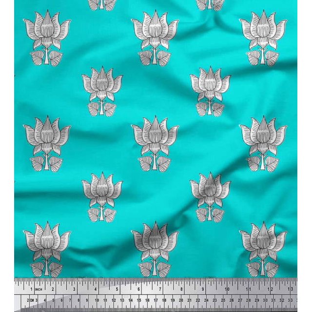 Soimoi Polyester Crepe Fabric Leaves & Lotus Block Print Sewing Fabric Yard 52 Inch Wide