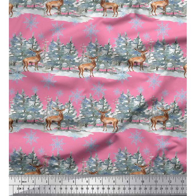 Soimoi Pink Modal Satin Fabric Reindeer & Snowflakes Tree Printed Craft Fabric by the Yard 42 Inch Wide