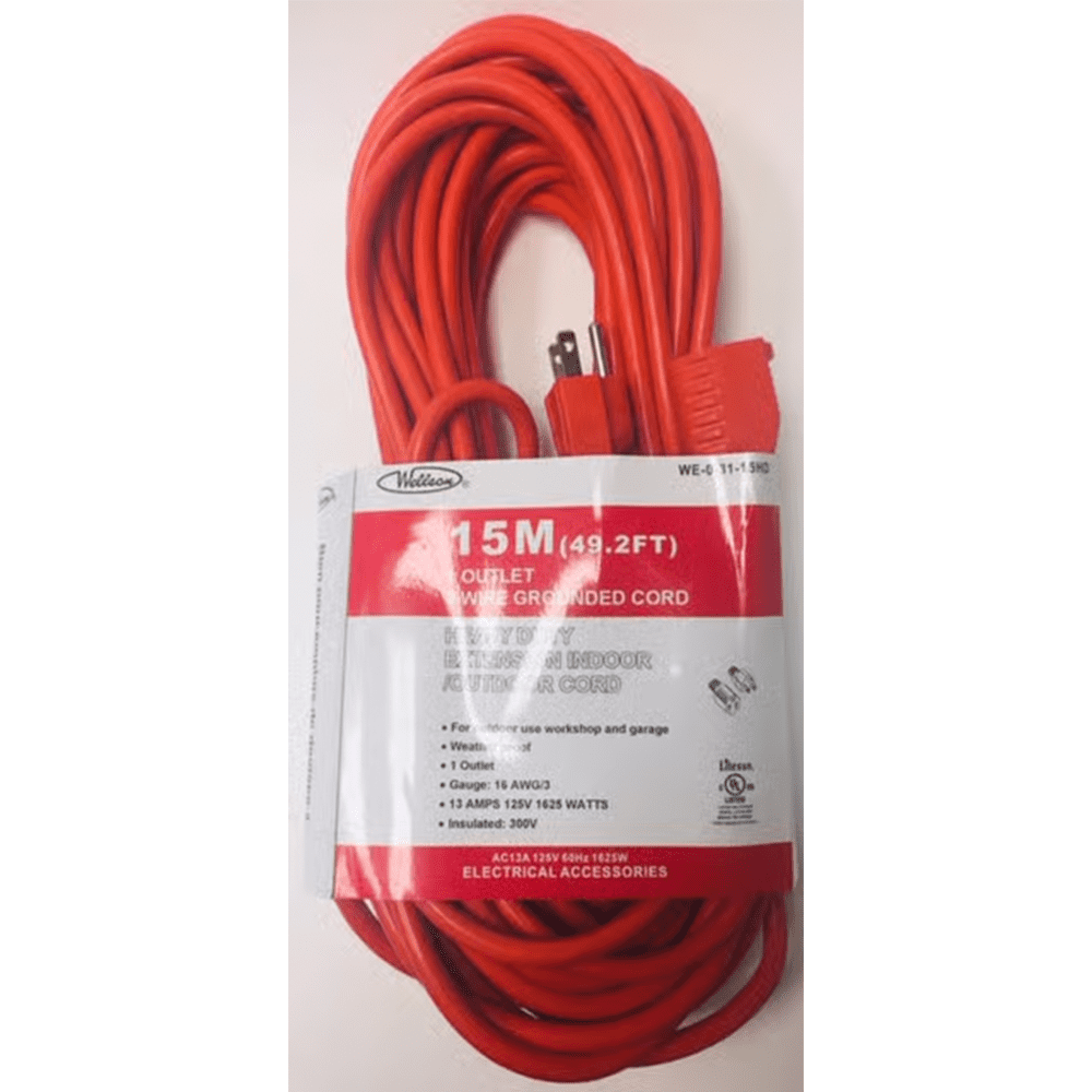 Wellson WE-0-31-15HD 15M Indoor/Outdoor Electrical Extension Cord in 3 Prongs with 1-Outlet (CUL)