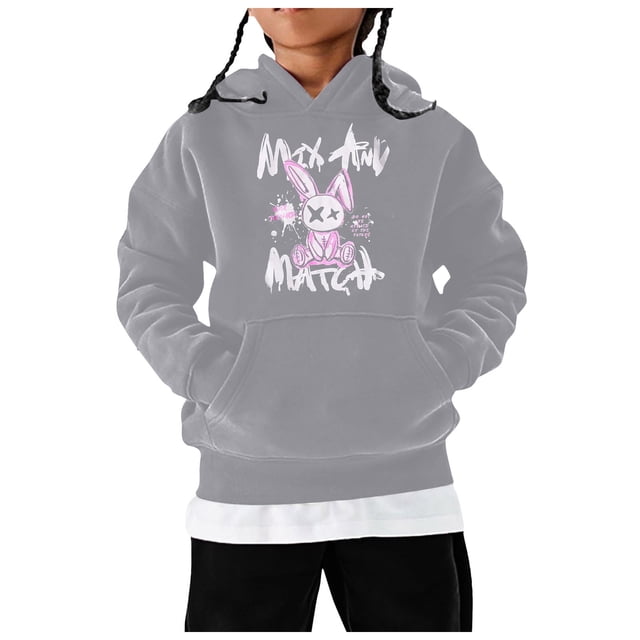 PMVFHDE Sweatshirts for Girl Children's Long Sleeved Cartoon Rabbit Print Hoodie Grey,4-5 Years