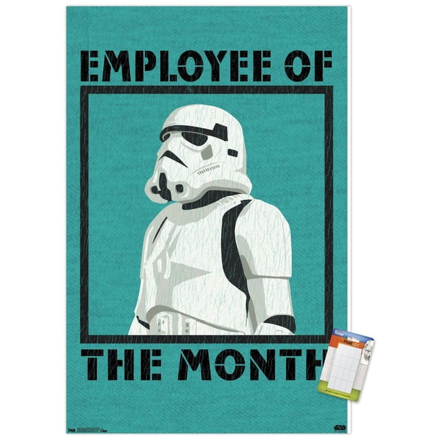 Star Wars : Saga - Affiche Murale de l'Employé du Mois, 22,375 Po x 34 Po Présentant un Stormtrooper Blanc en Armure Encadré d'Un rectangle Noir sur un Fond Texturé Sarcelle avec Texte au Pochoir Noir Audacieux « Employé du Mois », Imprimée sur du Papier d'Affiche Lustré, Convenant à la Décoration Murale de la Maison Ou du Bureau.
