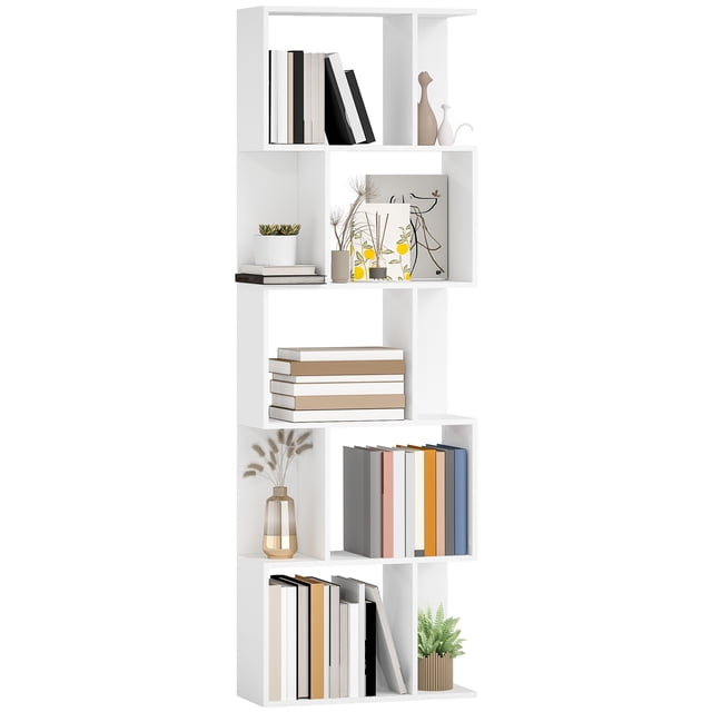 HOMCOM Bibliothèque Géométrique, Étagère à 5 Niveaux en Forme de S en Blanc, Présentant un design Moderne en Forme de S avec Cinq Étagères Ouvertes pour Exposer des Livres, des Décorations et des Objets de Collection. Fabriquée en Panneau de Particules Solides, Elle Mesure 23,6 Pouces de long, 9,4 Pouces de Large et 72,6 Pouces de Haut. Légère Mais stable, Elle Sert Aussi de Séparateur de Pièce et Comprend une Quincaillerie Antichute pour la Sécurité.