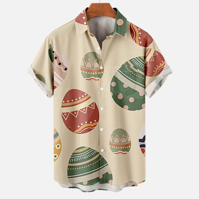 DPTALR Hommes Décontracté Boutons Pâques Imprimé avec Poche Col Rabattu Chemise à Manches Courtes Blouse