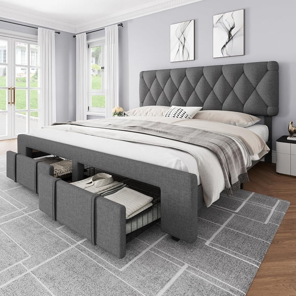 Queen Size Bed Frame, Upholstered Platform Bed Frame with Storage Drawers, Mattress Foundation with Solid Wooden Slats Support, No Box Spring Needed, Grey