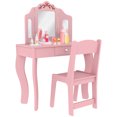 thumbnail image 1 of Qaba Coiffeuse pour Enfants avec Miroir Tri-Pliant, Chaise, Rose, 1 of 9