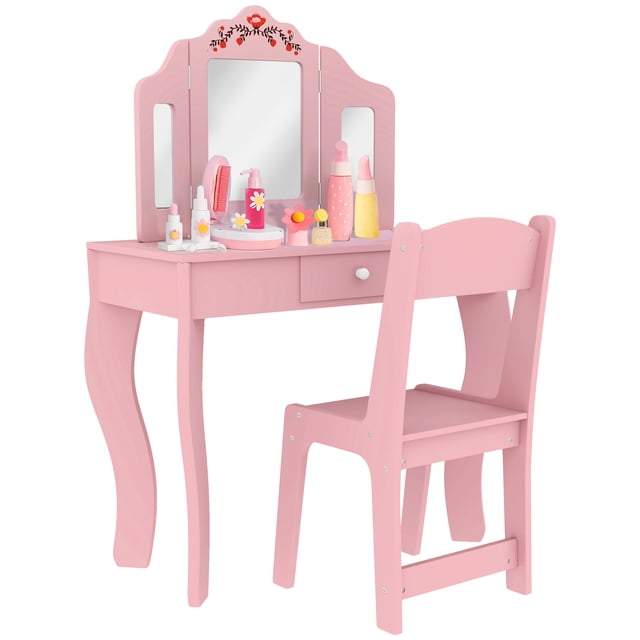 Qaba Coiffeuse pour Enfants avec Miroir Tri-Pliant, Chaise, Rose