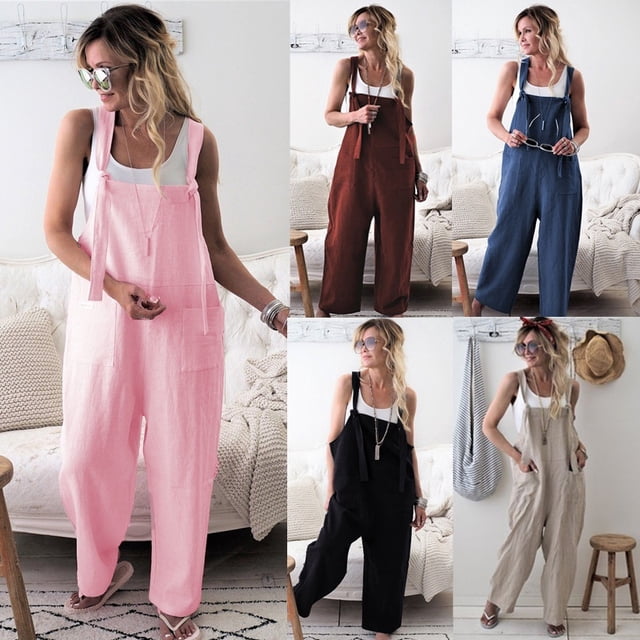 Salopette Décontractée pour Femme Combinaison Pantalon à Bavette Salopette en Lin Pantalon à Jambe Grand