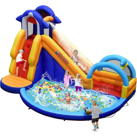 OLAKIDS Glissades d'Eau Gonflables, Thème Requin 14 Pi x 10 Pi x 8,5 Pi Maison Rebondissante avec Glissade, Piscine Anti-Éclaboussures, Mur d'Escalade, Pistolet à Eau, Château de Saut Extérieur avec Tuyau, Sac de Transport, Piquets (Sans Souffleur)