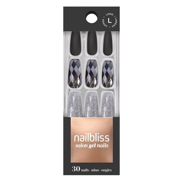 Nailbliss salon gel nails set with 30 long, large press-on false nails in matte black, silver chrome diamond pattern, and glittery silver finishes, displayed in clear tray with black and rose gold packaging, suitable for easy application and durable wear.