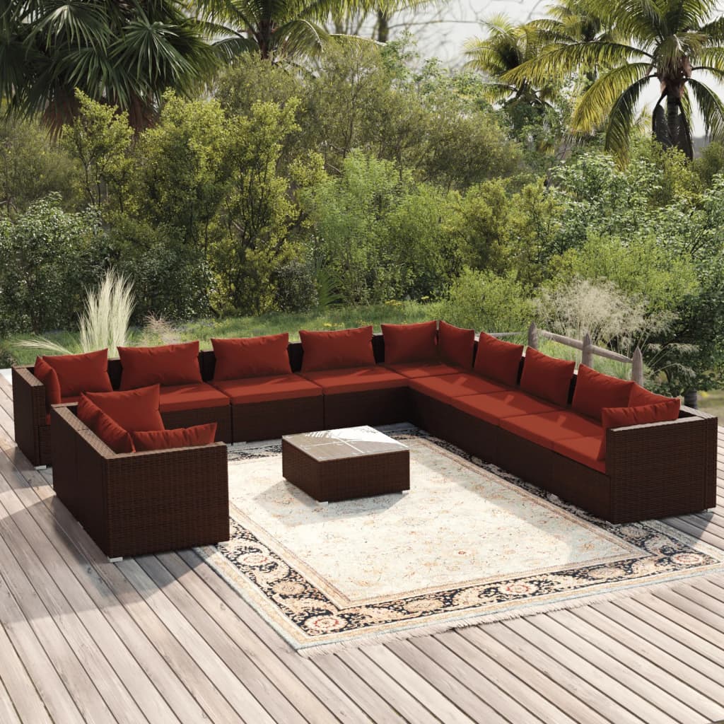 vidaXL Ensemble de Salon de Jardin 12 Pcs avec Coussins, Rotin Poly Brun