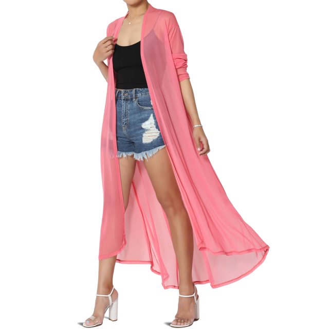 TheMogan Cardigan Long à Manches Longues en Maille pour Femmes Mi-Mollet Caftan Transparent