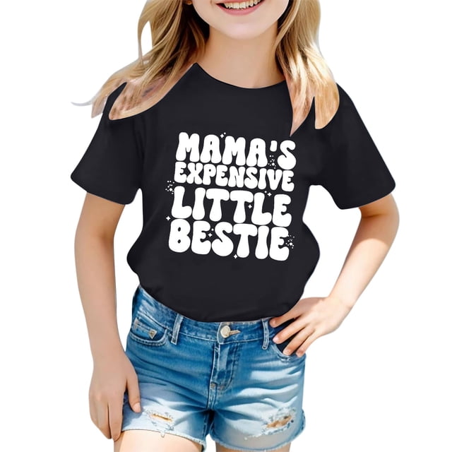 Girls Softball under Shirts Ruffle Girl Clothes Children's Casual Letter Pattern Print Multicolor Round Neck Short Sleeves
