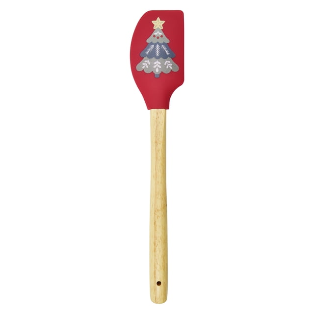 Holiday Time Christmas Tree Silicone Non-stick Spatula with Wooden Handle featuring a red silicone head decorated with a layered Christmas tree design in grey, blue, and white with a yellow star on top, and a smooth light wooden handle measuring 11.9 inches long, heat-resistant and safe for non-stick cookware, also suitable for spreading and mixing during festive baking.