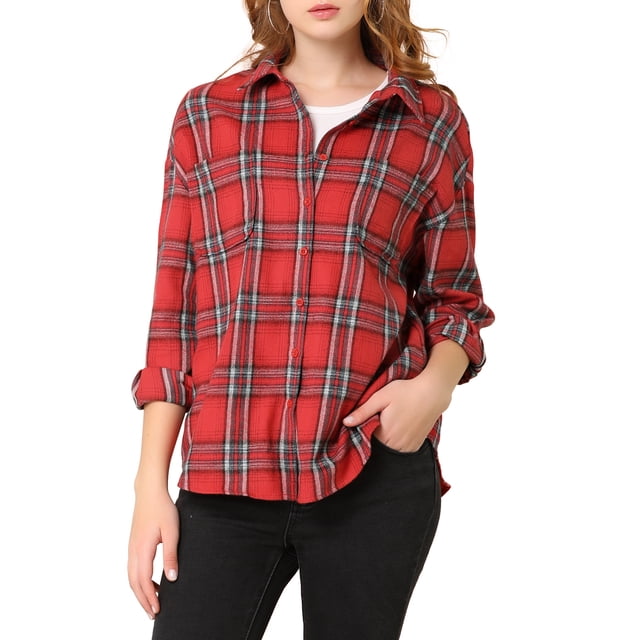 INSPIRE CHIC Women's Plaid Shirts Button Down Long Sleeve Pockets Oversized Tunics Blouse