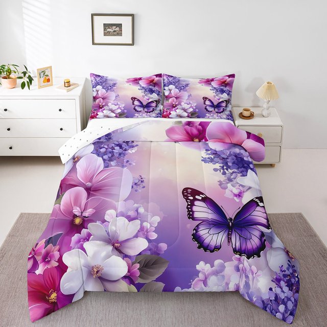 Erosebridal Ensembles de Couette Papillon Violet Taille Tout-Petit, Couettes et Duvets à Fleurs, Réversible, 2 Pcs