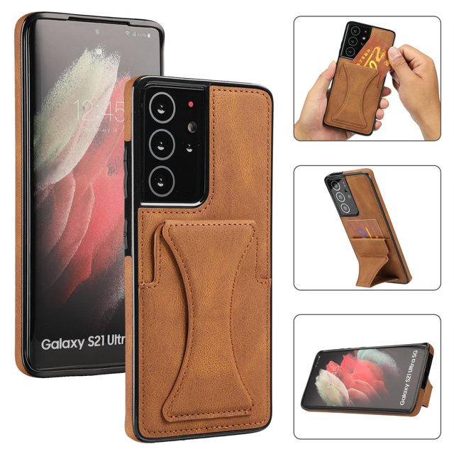 Leather Stand Case For Samsung Shockproof Card Slot Phone Cover, S21 Brown