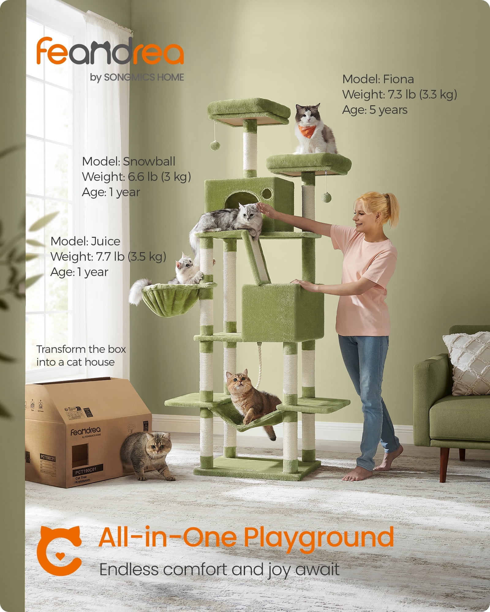 81.1"H Cat Tree Cat Tower for Indoor Cats, Plush Multi-Level Cat Condo with Scratching Posts, Perches, Caves, Hammock, Green